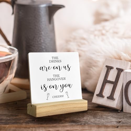 QASHWEY Wedding Bar Desk Decor, Wedding Open Bar Wood Table Signs, Wedding Signs for Reception, Wedding Reception Table Decor,The Drinks are on Us Wooden Plaque with Wooden Stand for Wedding Open Bar