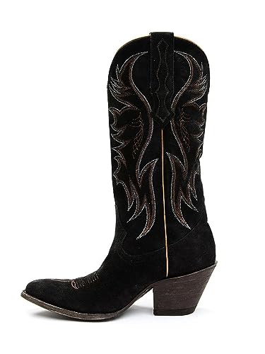 KaroNairy Women Cowboy Boots Faux Suede Embroidered Pointed Thick Heeled Western Wide Calf Cowgirl Ponited Toe Mid Calf Boots Blue12