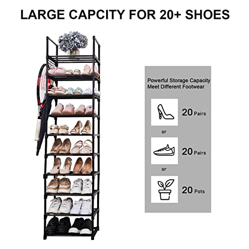 Mavivegue 10 Tiers Narrow Tall Shoe Rack,20-24 Pairs Metal Shoe and Boots Organizer Storage Shelf, Space Saving Skinny Shoe Stand,Free Standing Shoe Tower for Wall,Corner,Entryway, Closet,Bedroom