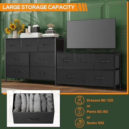 Dresser for Bedroom, 7 Storage Drawers, Wide Fabric Closet Chests Organizer Tower Furniture, TV Stand for TV up to 45 inch with Wooden Top Metal Frame for Clothes, Kids, Living Room, Hallway, Entryway