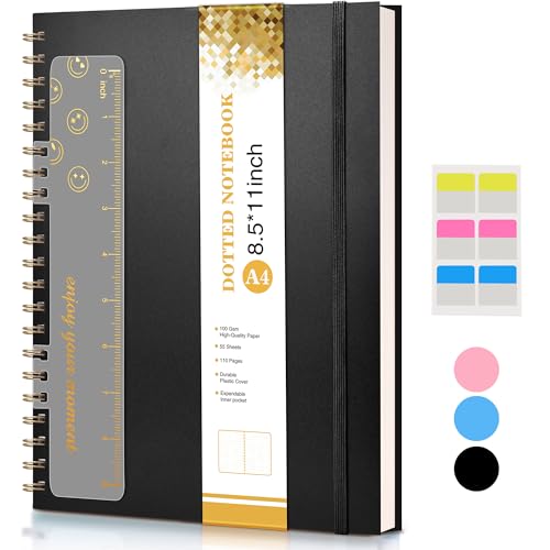 Dotted Notebook, Spiral Notebook Journal 8.5” x 11”, A4 Large Dot Grid Notebooks for Women Men, 100 GSM Dotted Paper, Plastic Hardcover Spiral Bullet Dotted Journals for Work School Sketching, Black