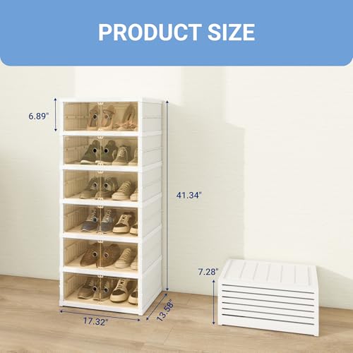 FLEXIMOUNTS Shoe Rack Organizer Storage Box 6 Tiers-12 Pairs, Portable Folding Shoe Rack for Closet Entryway, Collapsible Shoe Cabinet with Magnetic Clear Door for Front Door Entrance