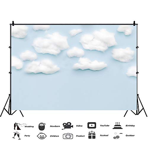 YongFoto 5x3ft Blue Sky and White Cloud Backdrop Cute Cartoon Background for Photography Boy Baby Birthday Party Banner Decoration Baby Shower Kids Infant Portraits Studio Props