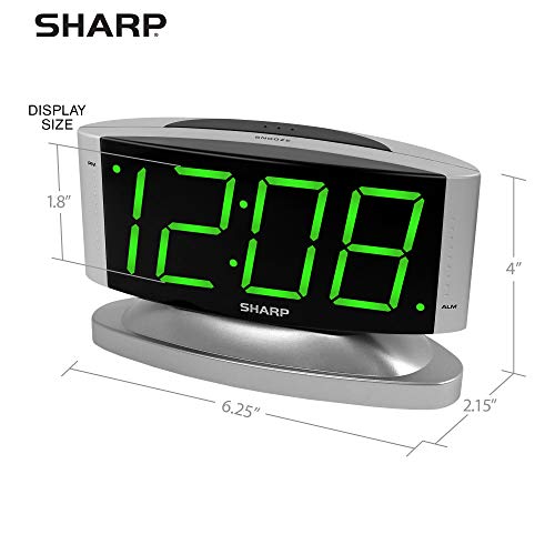 Sharp Home LED Digital Alarm Clock – Swivel Base - Outlet Powered, Simple Operation, Alarm, Snooze, Brightness Dimmer, Big Green Digit Display, Silver Case