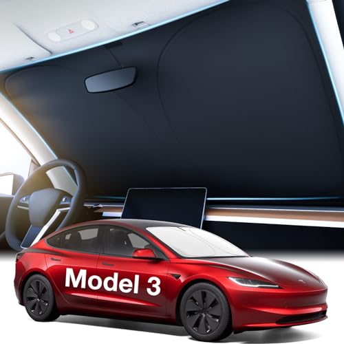 Wigoo 2024 Upgraded Accessories Tesla Model 3 Windshield Sunshade [OEM Design, 100% Sun Blockage] Foldable Heat Insulation Sun Shade with Storage Bag, for Tesla Model 3 2016~2024, Silver Coating