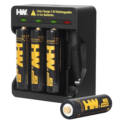 HW 4 Pack Rechargeable Lithium Batteries AA, 1.5V 3500mWh Double A Lithium Ion Batteries with 4-Bay AA/AAA Charger, Long Lasting Power, 2.5H Fast Chrge, 1000+ Cycles Reuseable li-ion AA Batteries