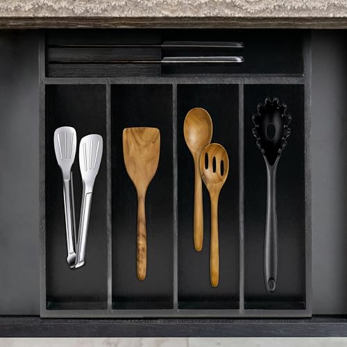 VaeFae Bamboo Silverware Organizer, Utensil Holder for Drawer, Wooden Cutlery Tray with Divider for Kitchen Drawer, Utensil Organizer with Knife Block（Black）