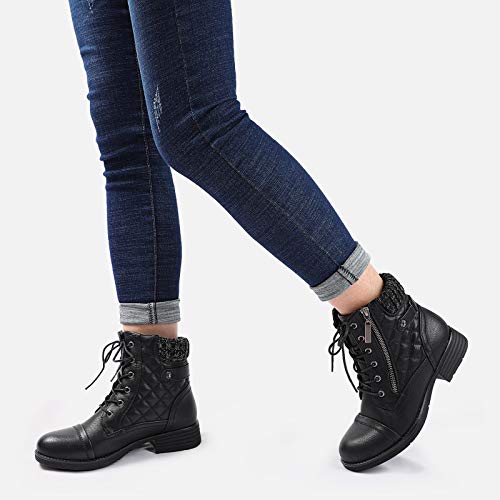 STQ Womens Round Toe Military Lace up Knit Ankle Cuff Low Heel Combat Boots Black 5.5