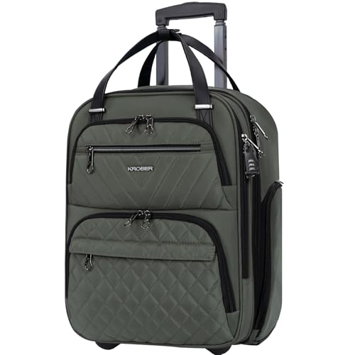 KROSER Carry On Underseat Multi-functional, 16-inch Underseater Lightweight Overnight Suitcase for Women, Army Green