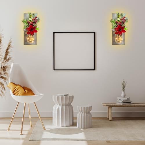 Wall Decor Mason Jar Sconces - Rustic Farmhouse Home Decor with Remote Control Wall Lights and Yellow Rose for Bedroom Wall Decor Living Room Kitchen Decorations Set of Two