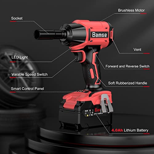 Cordless Impact Wrench 1/2'', Bamse Brushless Power Impact Gun with 2 Batteries, 3200RPM & Max Torque 480 Ft-lbs (650N.m) with 4 Impact Sockets, Electric Impact Driver for Car and Home