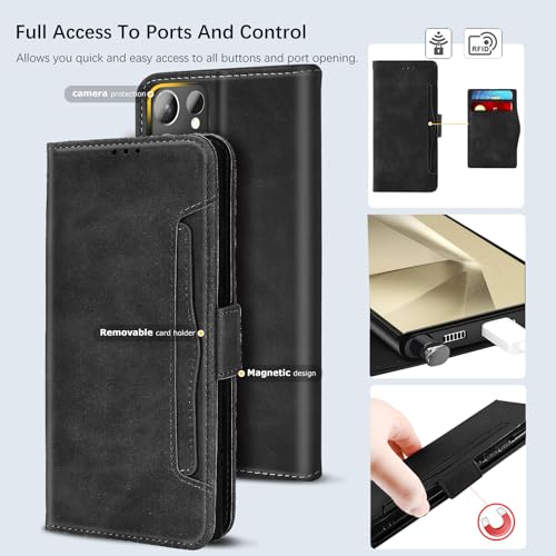 Fiyer Leather RFID Case for Samsung Galaxy S24 Ultra 5G Case 6.8-inch, Case with 3+2 Card Slot and Cash Pocket, Built-in Kickstand, Rugged Protective Case Designed for Galaxy S24 Ultra 5G (Black)