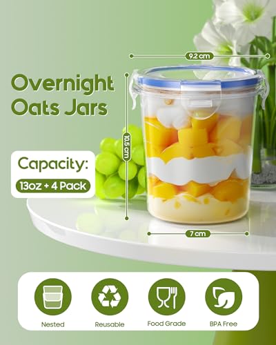 Canfanni Overnight Oats Container with Lids, 4 Pack 13oz Overnight Oats Jars, Plastic Mason Jars, BPA Free, Portable, Leak Proof Oatmeal Containers for Yogurt, Soup, Cereal, Milk and Salad