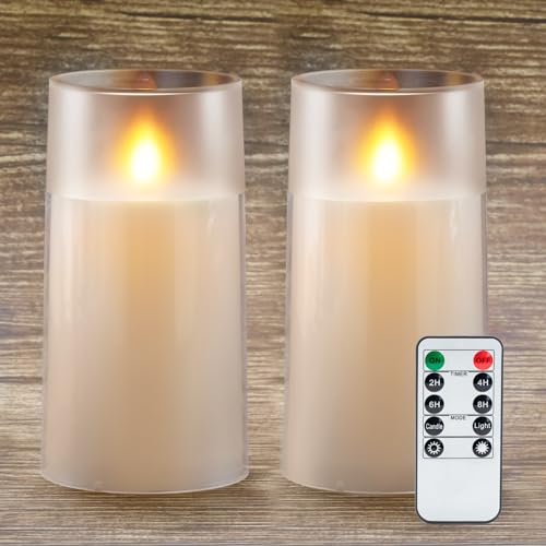 Homemory Realistic Flickering Flameless Candles with Dancing Flame, LED Candles, Battery Operated Candles with Remote and Timers, Frosted Acrylic, Outdoor Waterproof, Ivory, Set of 3