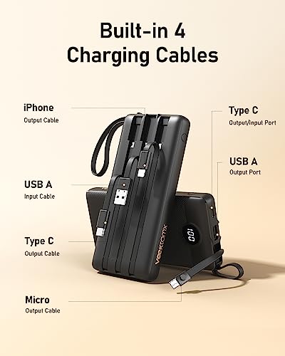 VEEKTOMX Portable Charger with Built-in Cables, 10000mAh Power Bank for iPhone, Slim Fast Charge USB C Battery Pack, Travel Essentials Powerbank Compatible with iPhone 15/14/13, Samsung, Android, etc