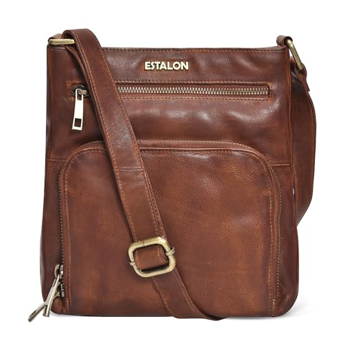 ESTALON Women's Real Leather Crossbody Purse With Adjustable Sling Strap - Medium Size Crossover Shoulder Hand Bag