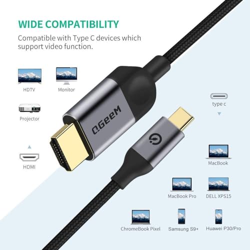 QGeeM USB C to HDMI Cable Adapter 4ft 4K, USB Type C to HDMI Thunderbolt 3/4 Compatible for iPhone 15 Pro Max,Galaxy,Mac Book Pro/air IPad pro,Surface Book,Dell XPS,HP,Thinkpad,Pixelbook, More(4ft)