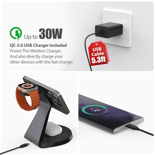 3 in 1 Charging Station for Apple Devices,Mag-Safe Charger Stand Fast Charging,Wireless Charger for iPhone 15/14/13/12 Series,& AirPods,& iWatch(30W USB-C Charger Included)