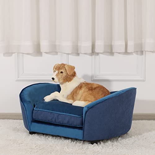 Pet Sofa Bed/Velvet & Linen Fabric Pet Couch with Removeable & Washable Cushion for Small Dogs & Cats (Blue)