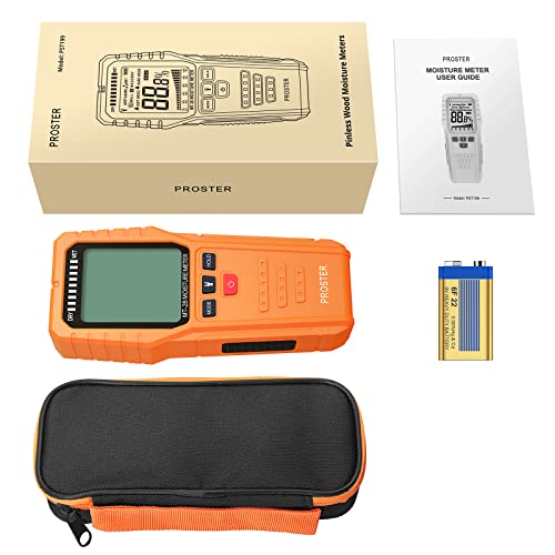 Proster Pinless Wood Moisture Meter - Non Destructive Moisture Tester for Wood Wallboard Masonry, Detect up to 3/4 Inch Below Surface, Backlit Color LCD, Visual Audible Alarm