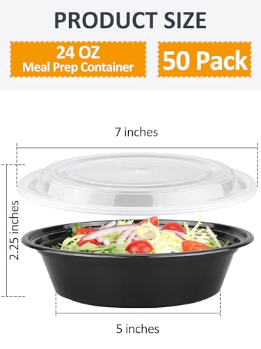 NEEBAKE 50 Sets 24oz Meal Prep Container - Reusable Plastic Food Storage Containers with Lids, Fits Microwave, Freezer and Dishwasher Safe
