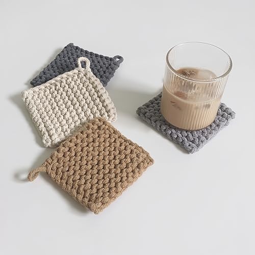 Set of 6 Hand-Made Cotton Coasters with Hanging Rings, Gift for Decoration of Dining Tables and Living Rooms, Super Absorbent Drink Coasters for Various Cups and Occasions, 4.7" x 4.7", Grey