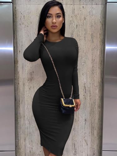 XXTAXN Women's Sexy Bodycon Long Sleeve Round Neck Work Office Midi Pencil Dress Black