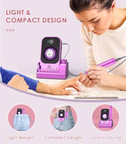 Portable Nail Drill Electric File: 40000RPM Professional Nail E File for Acrylic Nails Remove Nail Gel Polish Manicure, Rechargeable Cordless Nail Drill Machine with Bits & Base for Salon Home, Black