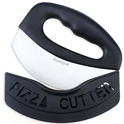 Suanyok Premium Pizza Cutter Food Chopper-Super Sharp Blade Stainless Steel Pizza Cutter Rocker Slicer with Protective Sheath Multi Function Pizza Knife Kitchen Tools,Dishwasher Safe (Black)