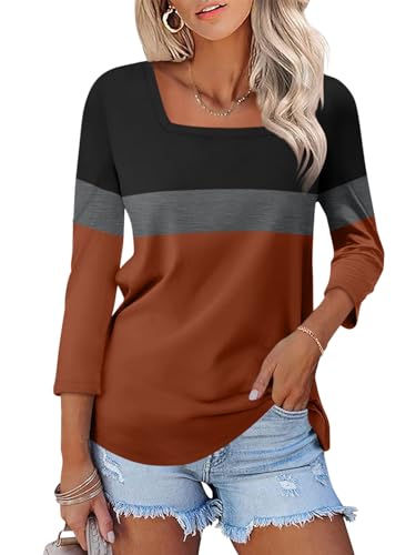 TICTICMISS Women's 3/4 Sleeve T Shirts Square Neck Summer Tops Dressy Casual Ladies Blouses Tops B-Black