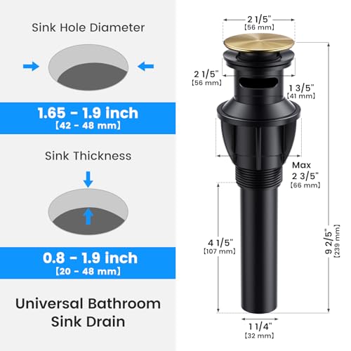 Bathroom Sink Drain with Overflow, Hurran Universal Bathroom Sink Stopper for Bathroom Vanity Vessel Sink, Rapid Draining Plastic Pop-up Sink Drain with Hair Catcher Anti-Clog Strainer, Brushed Gold