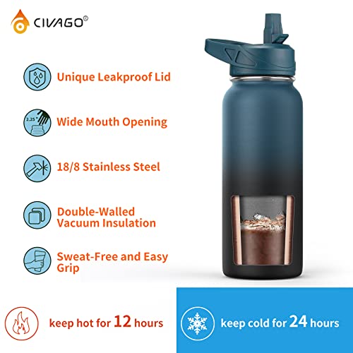 CIVAGO 32 oz Insulated Water Bottle With Straw, Stainless Steel Sports Water Cup Flask with 3 Lids (Straw, Spout and Handle Lid), Wide Mouth Travel Thermal Mug, Black