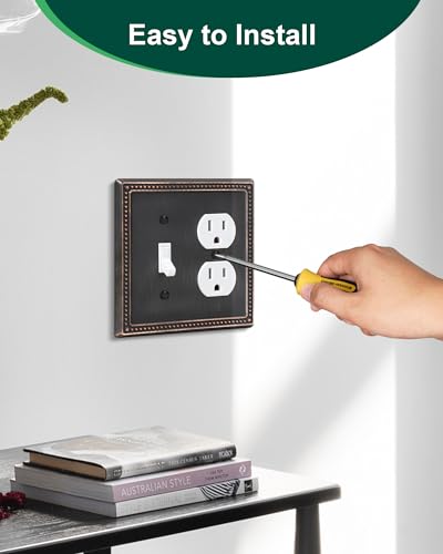 TREEWELL 2-Pack Double Toggle Light Switch Cover Plate, Pearls Decorative Dual Switch Plate Covers, Aged Bronze 2 Gang Metal Wall Plate, Corrosion Resistant