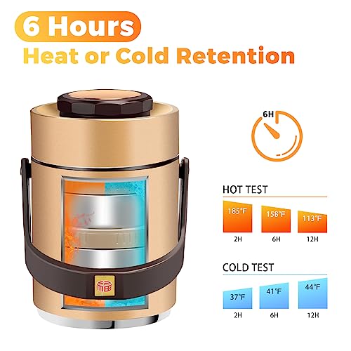 Pawovdeq 51 oz Adults Stainless Steel Vacuum Insulated Wide Mouth Soup Food Thermos Hot Food Jar with Keep Thermal Portable 2 Tier Stackable Bento Hot Food Containers Lunch Boxes (51 oz Gold)