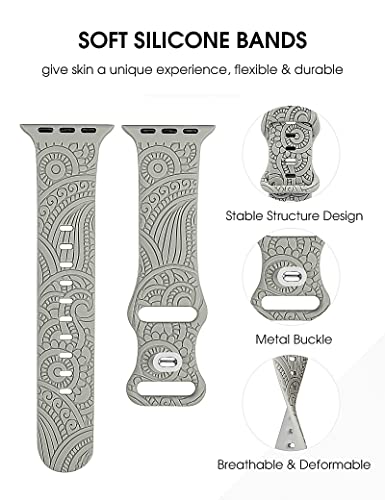 TOYOUTHS 2 Packs Boho Engraved Bands Compatible with Apple Watch Bands 45mm 44mm 42mm 49mm Women Men Girl, Bohemian Designer Sport Silicone Dressy Straps for iWatch Series 9/Ultra/SE/8/7/6/5/4/3/2/1