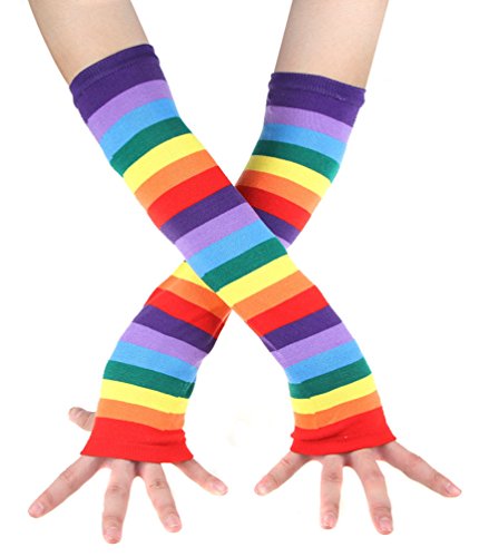 Chalier Womens Rainbow Striped Knee Thigh High Socks Arm Warmer Fingerless Gloves 2 Pairs(rainbow Set) One Size