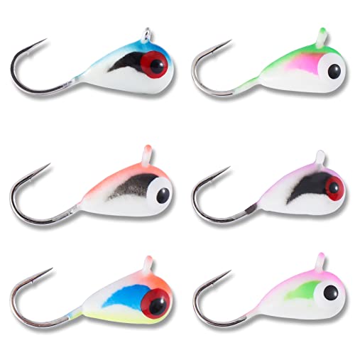 BASSDASH Tungsten Ice Fishing Jigs with Glowing Paint Fishing Lures for Winter Ice Jigging Crappie Bluegill, 6-Pack