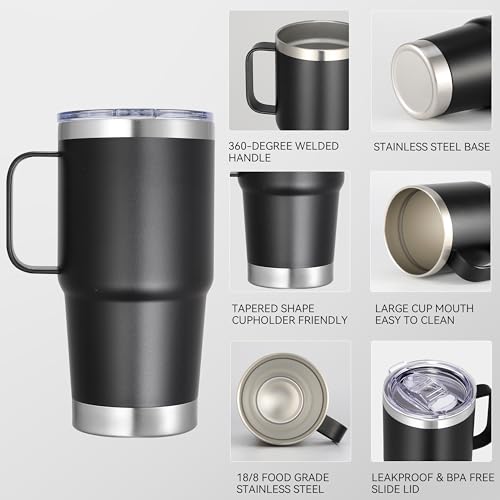 Abbrevi 20 oz Stainless Steel Tumbler with Handle Metal Insulated Coffee Travel Mug with Handle Double Wall Tumbler Cup with Lid and Straw, Black 1 Pack