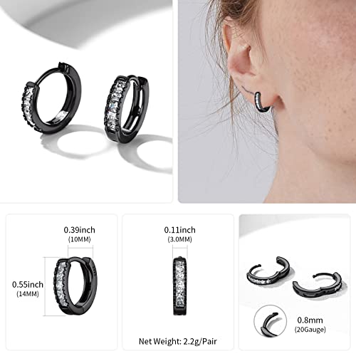 ChicSilver 10MM Small Black Hoop Earrings for Women 925 Sterling Silver White Cubic Zirconia Tiny Huggie Earrings Hypoallergenic Lightweight Hoops Cartilage Earrings