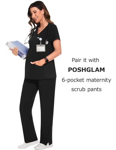 POSHGLAM Women's Maternity Scrubs Top Workwear V-Neck Medical Shirts Pregnancy Scrub Clothes(Black, Small)