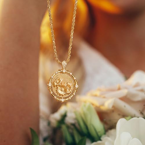 MTMY Birth Flower Necklaces for Women 14K Gold Plated Birth Month Flower with Birthstone Reversible Coin Pendant Necklaces Personalized Custom Floral Jewelry (April)