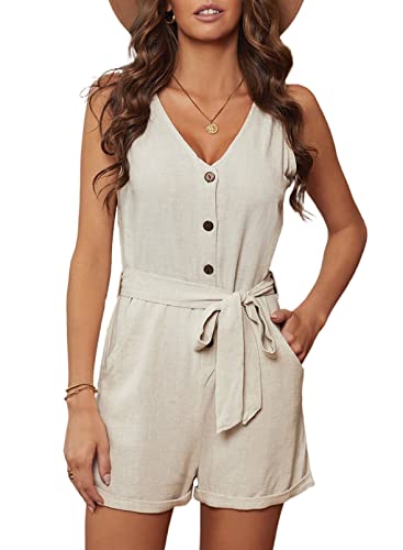 MyFav Women's Summer Rompers V Neck Sleeveless Rompers Casual Shorts Jumpsuit with Pockets, Beige, S