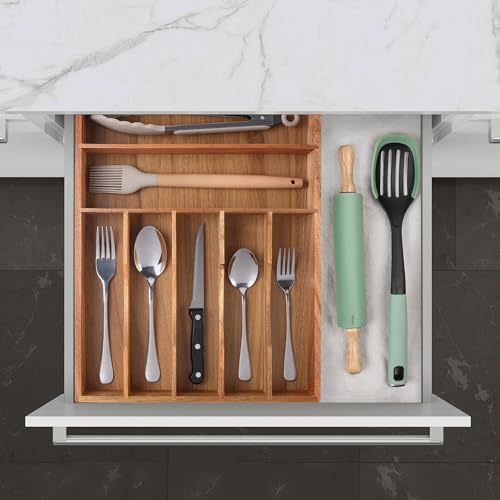 oridom Expandable Acacia Kitchen Drawer Organizer for Cutlery and Utensils, Adjustable Acacia Wood Cutlery Tray in Drawer for Flatware and Silverware in Kitchen, (Acacia)