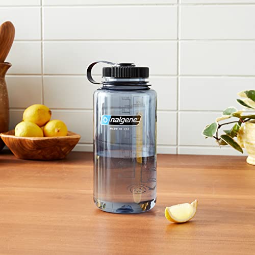 Nalgene Sustain Tritan BPA-Free Water Bottle Made with Material Derived From 50% Plastic Waste, 32 OZ, Wide Mouth, Gray w/ Black Lid