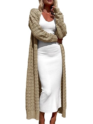 ZoeAce Womens Crochet Maxi Cardigan Sweaters Open Front Knit Long Sleeve Lightweight Duster Cardigan Casual Winter Outfits Yellow
