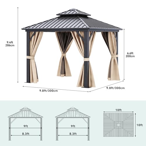 YITAHOME 10x10ft Gazebo Hardtop with Nettings and Curtains, Heavy Duty Double Roof Galvanized Steel Outdoor Combined of Vertical Stripes Roof for Patio, Backyard, Deck, Lawns, Gray