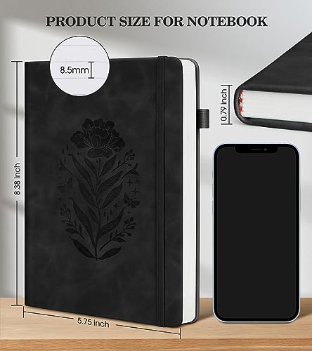 Lined Journal Notebook for Women, A5 Black Hardcover Leather Journals for Writing, 200 Pages Travel Daily Journal,Thick College Ruled Notebook for Work School, Note Taking, Business 5.75'' X 8.38''