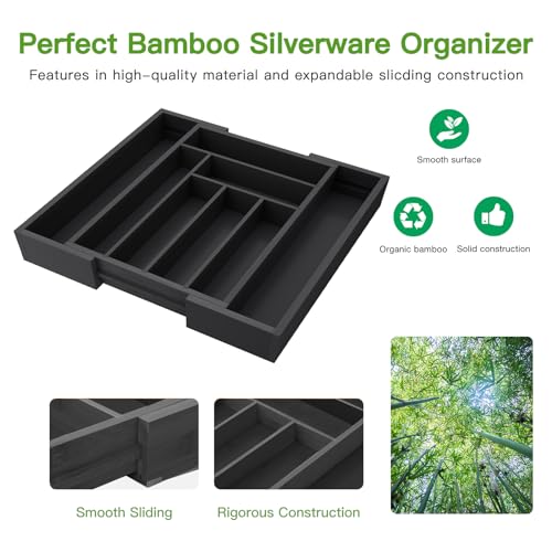 Pipishell Bamboo Expandable Drawer Organizer for Utensils Holder, Adjustable Cutlery Tray, Wood Drawer Dividers Organizer for Silverware, Flatware, Knives in Kitchen, Bedroom, Living Room(M-Black)