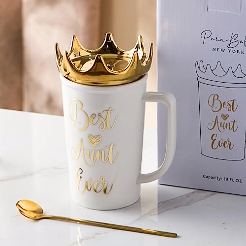 PeraBella Best Aunt Ever Coffee Mug, 19 oz, Ceramic, White and Gold, with Queen's Crown Lid and Long Brass Spoon