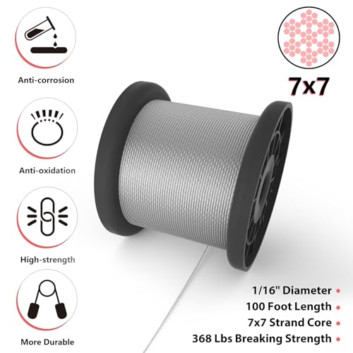 Sanuke Wire Rope Crimp Kit with 100ft 1/16 304 Stainless Steel Cable 7x7 Strand Core, 60PCS 1/16'' Aluminum Crimp Loop Sleeves and 15PCS M2 Wire Rope Stainless Steel Thimble